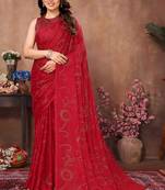 Red satin silk party wear saree with blouse piece