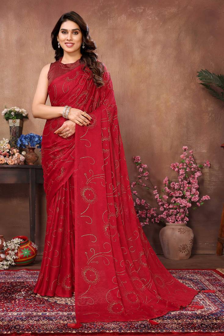 Red satin silk party wear saree with blouse piece