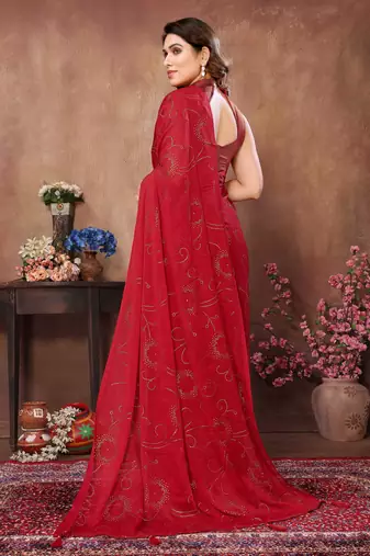 Red satin silk party wear saree with blouse piece
