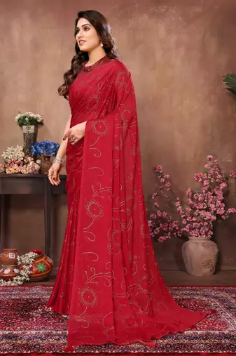 Red satin silk party wear saree with blouse piece