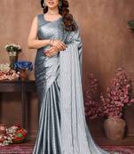 Grey satin silk party wear saree with blouse piece