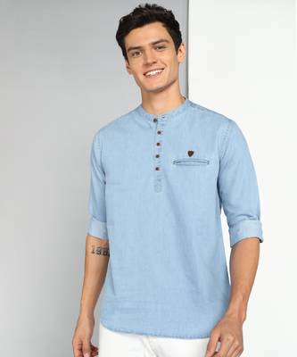 men's light blue short denim kurta 1