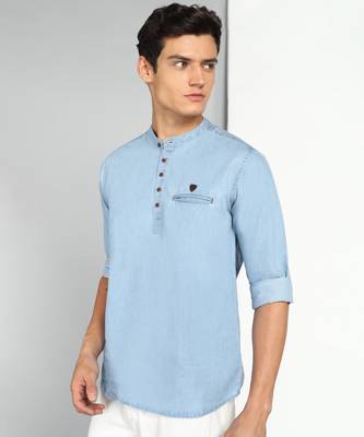 men's light blue short denim kurta 3