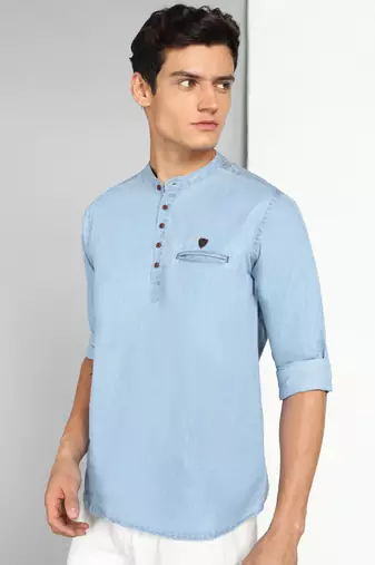 men's light blue short denim kurta