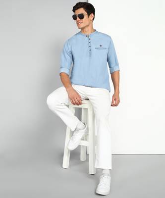 men's light blue short denim kurta 4