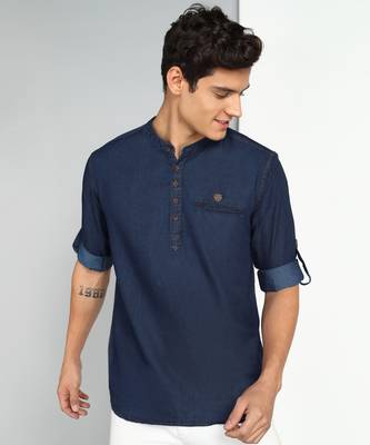 men's midnight blue short denim kurta 1