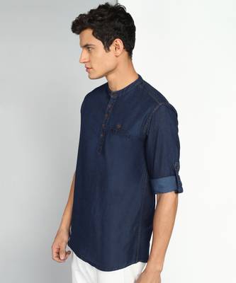 men's midnight blue short denim kurta 3