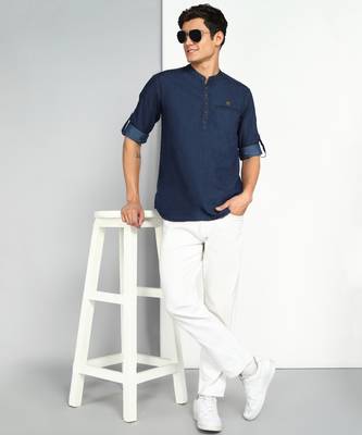 men's midnight blue short denim kurta 4