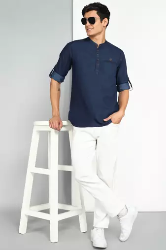men's midnight blue short denim kurta