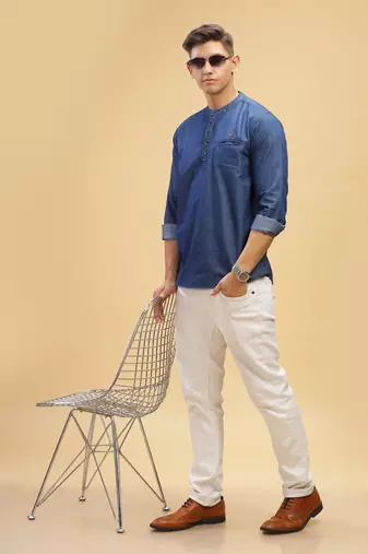 men's true blue short denim kurta