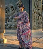 Elora Pure Kashmiri Organza Pashmina Saree (Navy Blue)