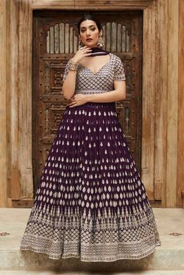 Purple Embroidered Georgette Stitched Gown. Up To 42" Size 1