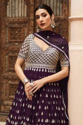 Purple Embroidered Georgette Stitched Gown. Up To 42" Size 2