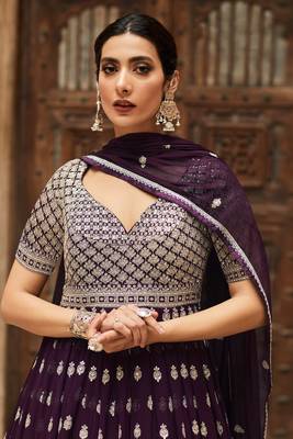 Purple Embroidered Georgette Stitched Gown. Up To 42" Size 3