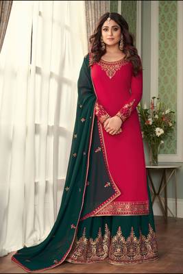 Pink Embroidered Georgette Semi Stitched Straight Suit. Up To 42" Size 1