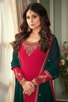 Pink Embroidered Georgette Semi Stitched Straight Suit. Up To 42" Size 2