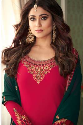 Pink Embroidered Georgette Semi Stitched Straight Suit. Up To 42" Size 3