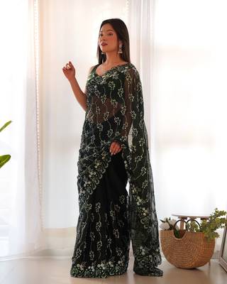 Green embroidered shimmer bollywood saree with blouse piece 1