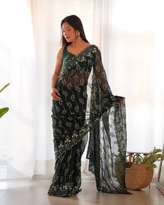 Green embroidered shimmer bollywood saree with blouse piece 2