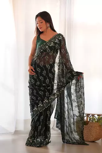 Green embroidered shimmer bollywood saree with blouse piece