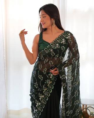 Green embroidered shimmer bollywood saree with blouse piece 3