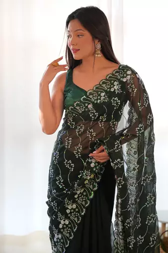 Green embroidered shimmer bollywood saree with blouse piece
