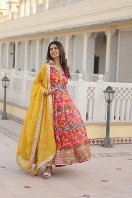 The latest designer readymade orange gown with dupatta set 1