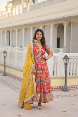 The latest designer readymade orange gown with dupatta set 2