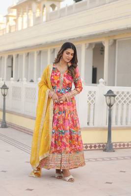 The latest designer readymade orange gown with dupatta set 3