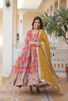 The elegant readymade red alia cut gown with dupatta set 1