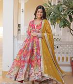 The elegant readymade red alia cut gown with dupatta set