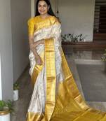 Indian Women Festive Were Gorgeous Cream and Mustard Yellow Art Silk Saree with Blouse