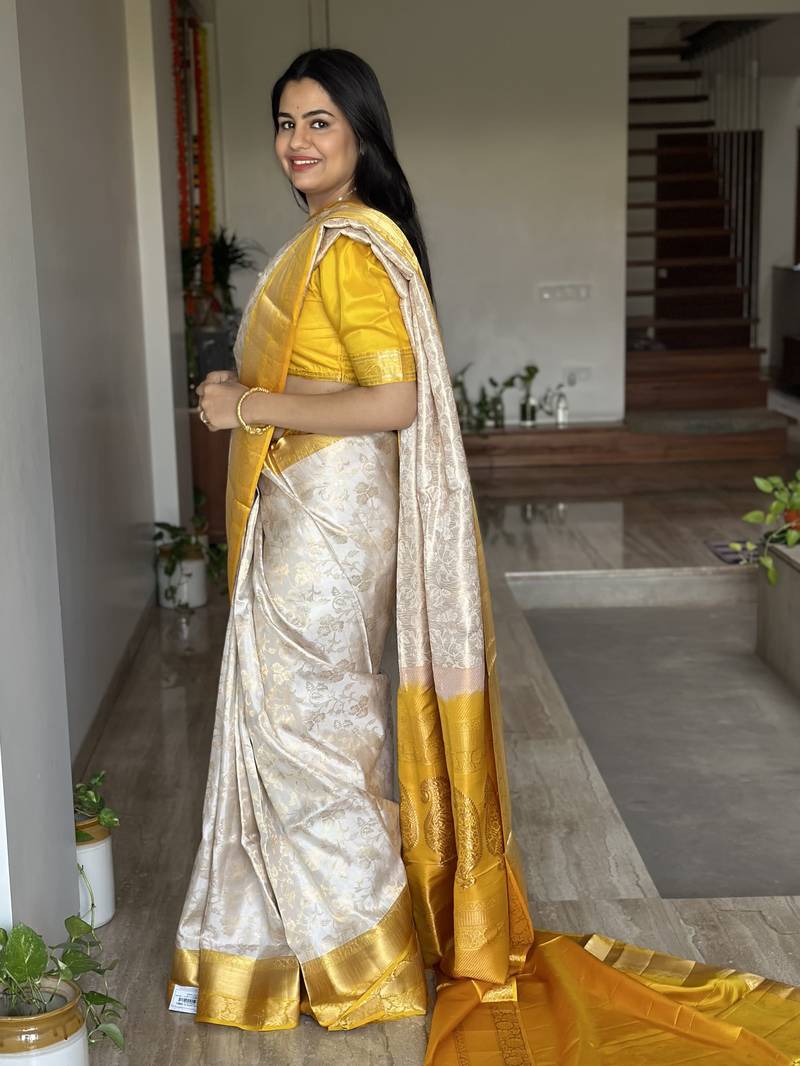 Indian Women Festive Were Gorgeous Cream and Mustard Yellow Art Silk Saree with Blouse