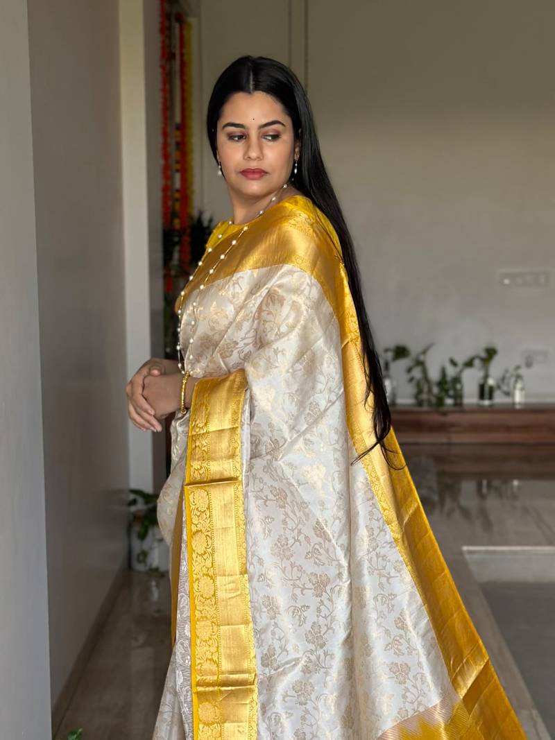 Indian Women Festive Were Gorgeous Cream and Mustard Yellow Art Silk Saree with Blouse