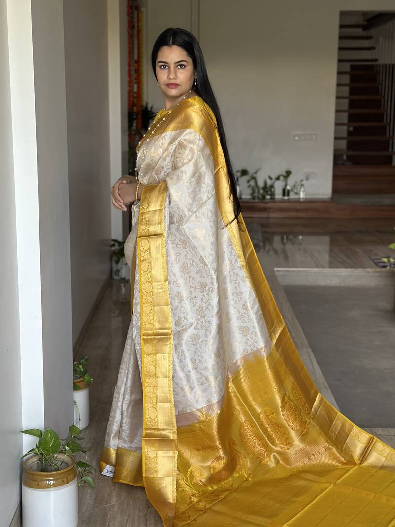 Indian Women Festive Were Gorgeous Cream and Mustard Yellow Art Silk Saree with Blouse