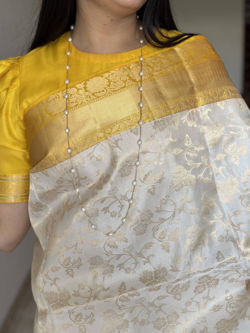 Indian Women Festive Were Gorgeous Cream and Mustard Yellow Art Silk Saree with Blouse