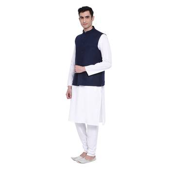 Namaskar navy blue plain linen nehru-jacket 3