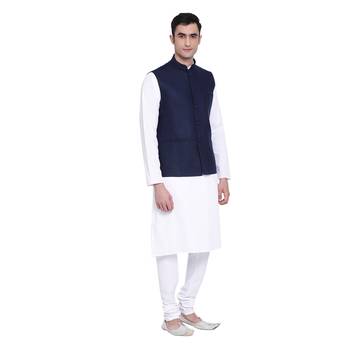 Namaskar navy blue plain linen nehru-jacket 4