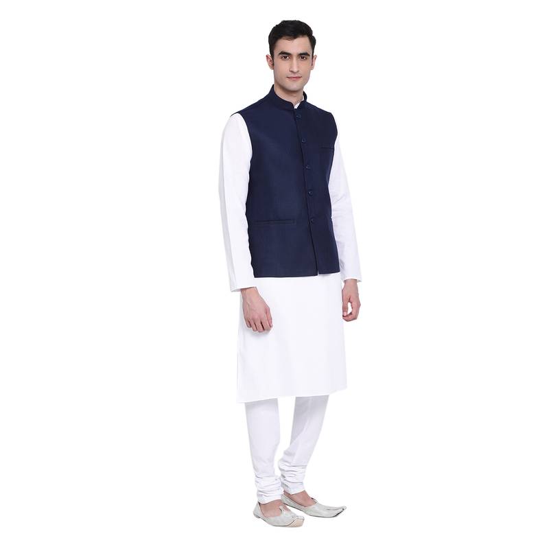 Namaskar navy blue plain linen nehru-jacket