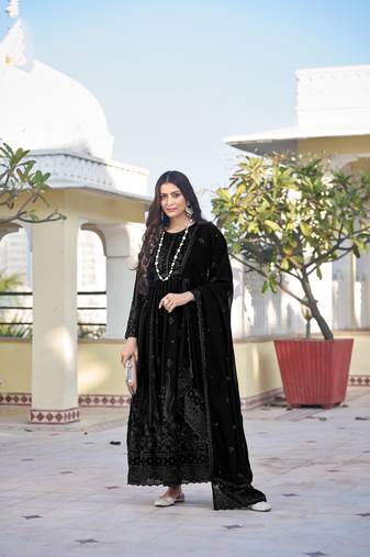 Black color embroideried faux georgette semi stitched anarkali gown