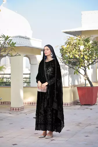 Black embroidered faux georgette anarkali gown