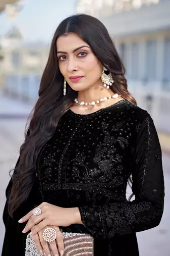 Black embroidered faux georgette anarkali gown