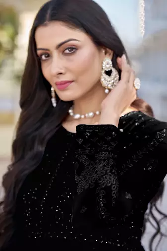 Black embroidered faux georgette anarkali gown