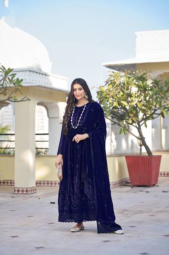 Blue color embroideried faux georgette semi stitched anarkali gown