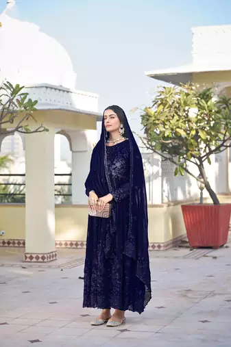 Blue embroidered faux georgette anarkali gown