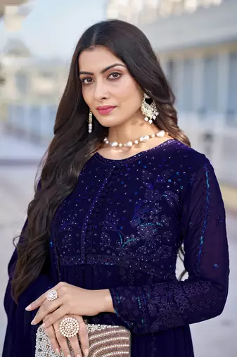 Blue embroidered faux georgette anarkali gown
