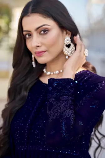 Blue embroidered faux georgette anarkali gown