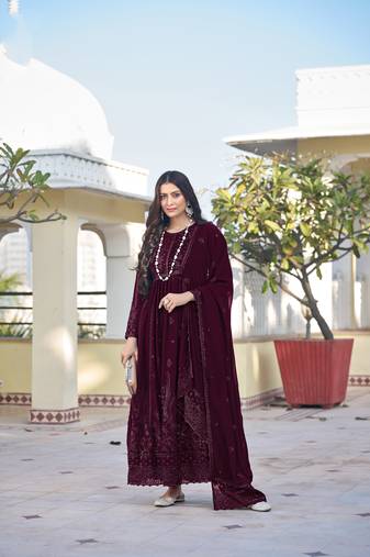 Purple color embroideried faux georgette semi stitched anarkali gown