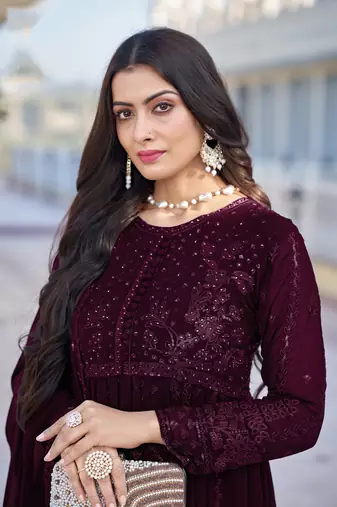Purple embroidered faux georgette anarkali gown