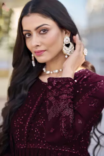 Purple embroidered faux georgette anarkali gown
